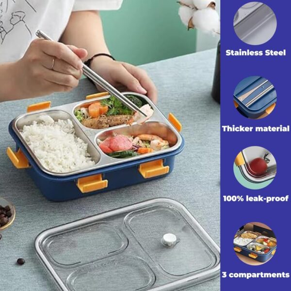 3 Compartment Stainless Steel Lunch Box Sealed Leakage Container for School Kids and Adults - Image 3
